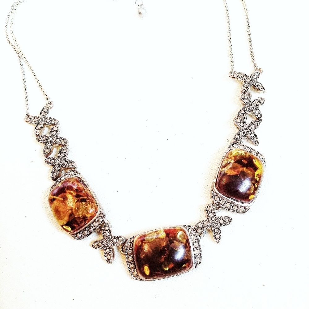 Vintage Marcasite amber bead necklace